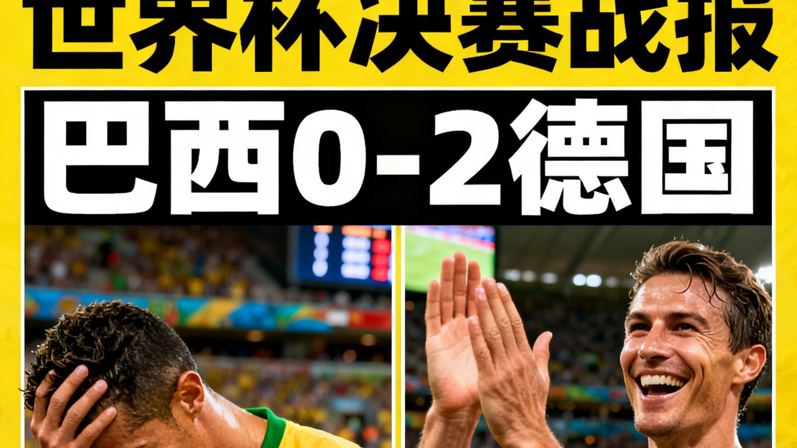 巴西对阵德国的世界杯决赛赛后战报封面图，两队球员在终场哨响后的表情对比，背景是记分牌显示最终比分。
